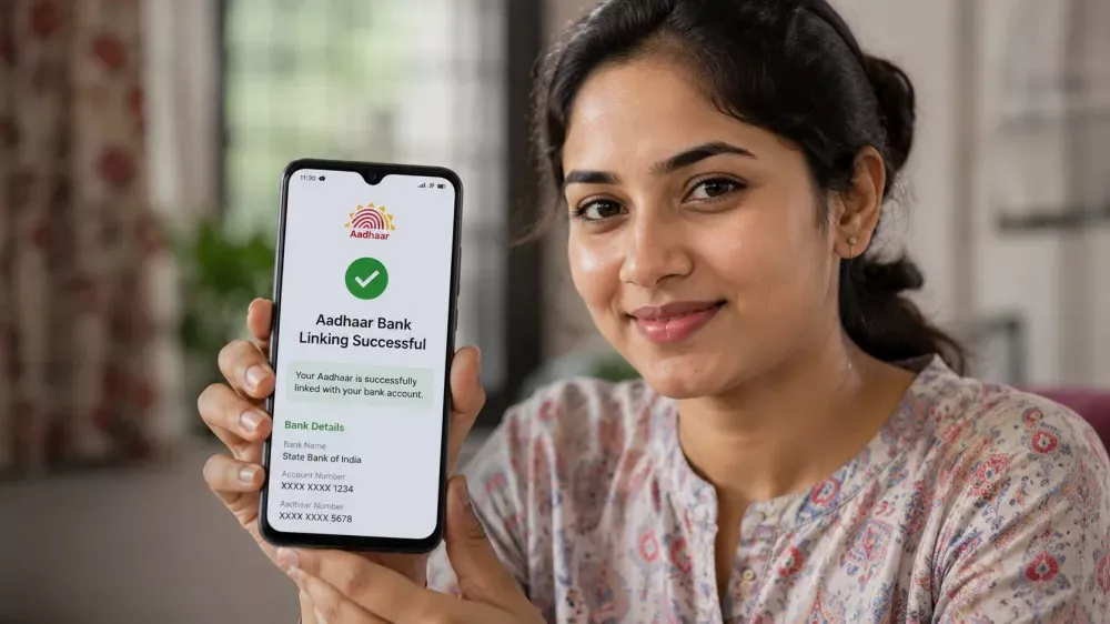 Young woman linking Aadhaar card with bank account for DBT payments