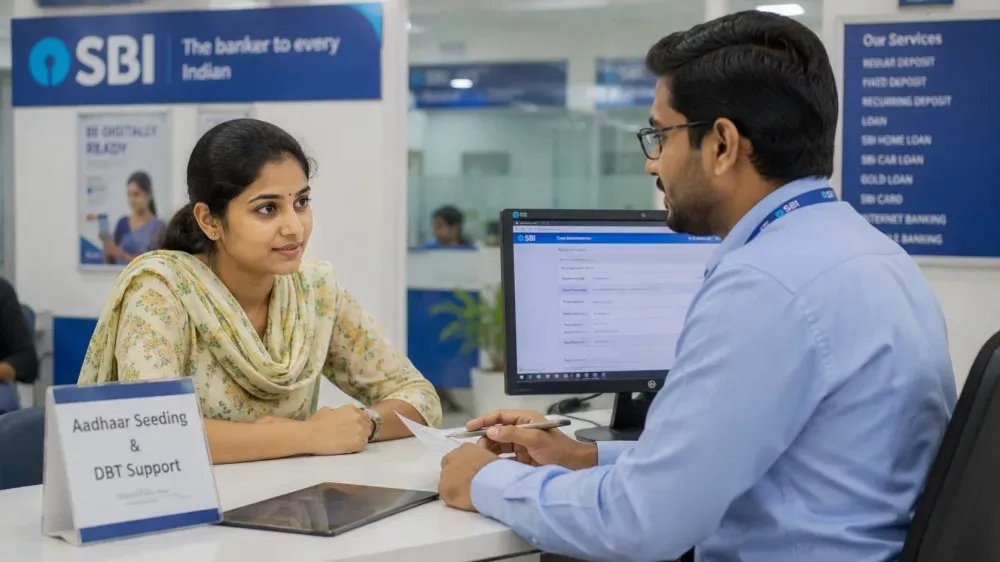 Woman updating Aadhaar seeding information at a bank branch for DBT payments