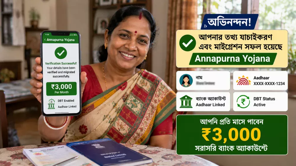 Woman checking successful ₹3,000 DBT payment under Annapurna Bhandar Scheme