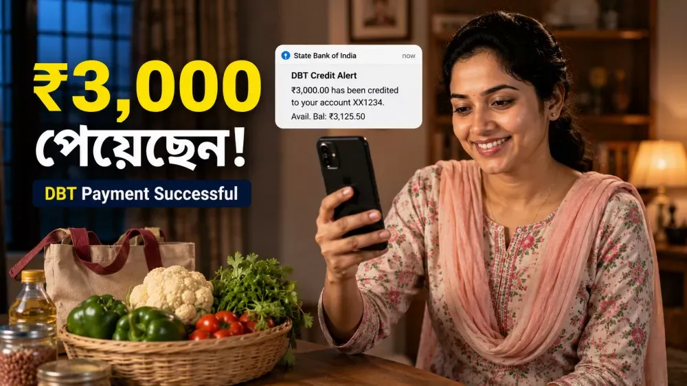 Young woman receiving ₹3000 DBT payment under Annapurna Bhandar Scheme