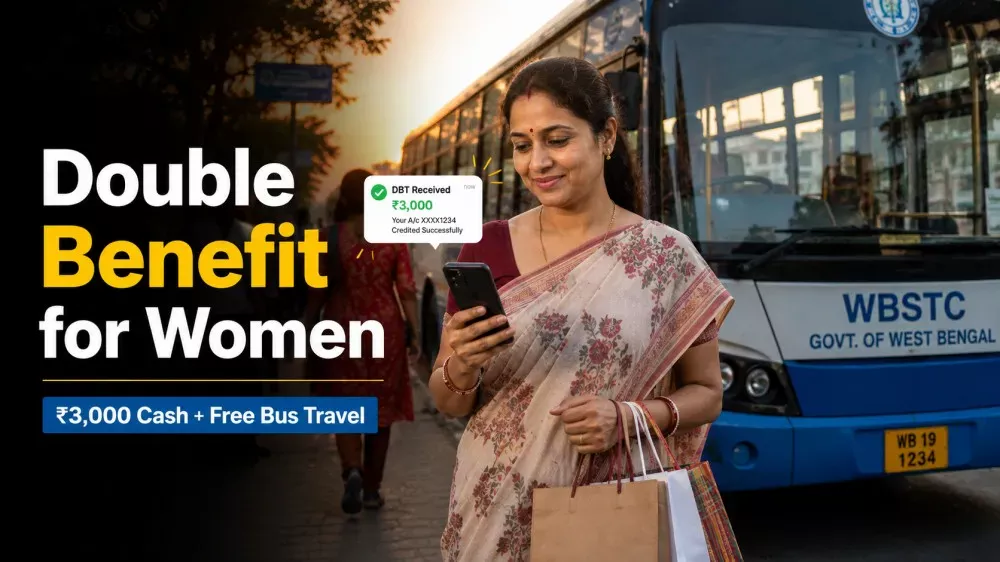Woman receiving Annapurna Bhandar benefit and free bus travel in West Bengal