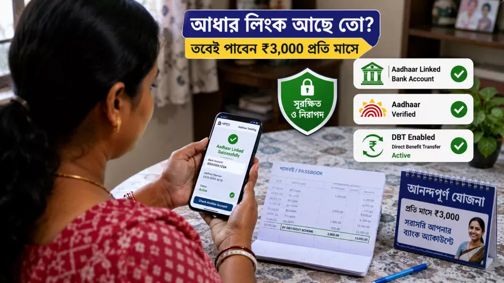 Woman checking Aadhaar-bank verification for Annapurna Bhandar DBT payment