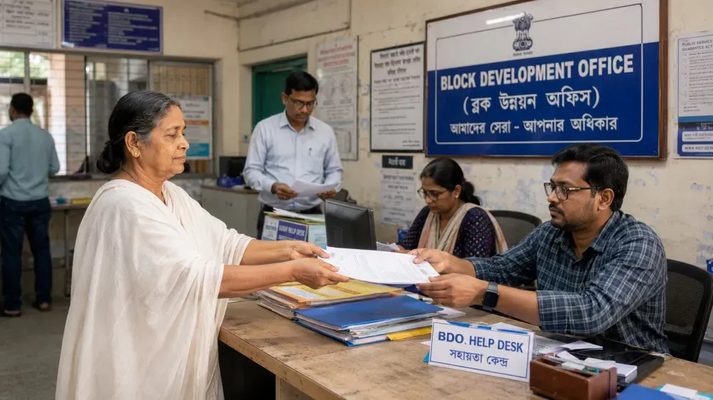 Widow submitting pension application at a BDO office in West Bengal
