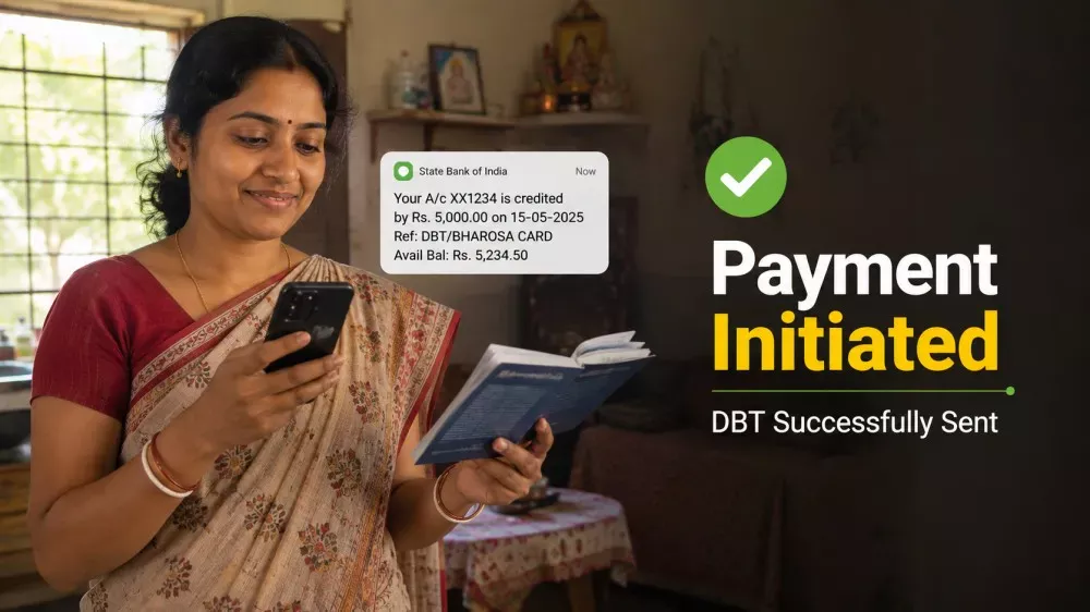 Woman checking Bharosa Card DBT payment status on smartphone