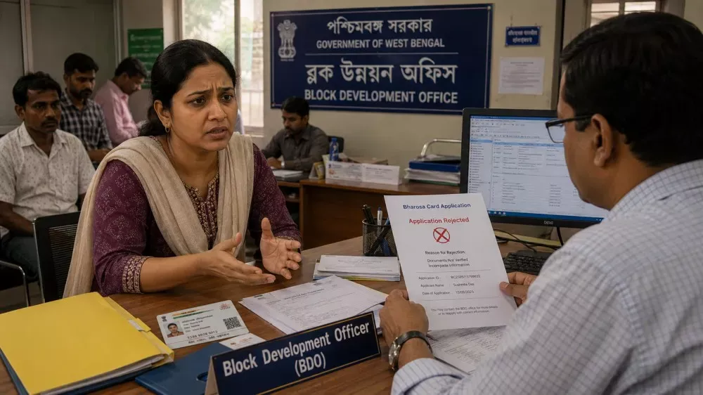 Woman seeking help for rejected Bharosa Card application at BDO office