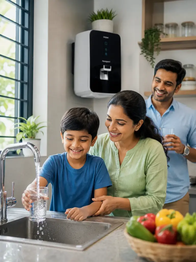 Family benefiting from safe drinking water through household tap connection
