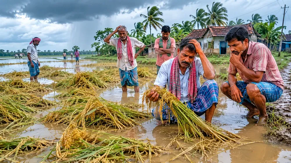 Farmers assessing crop damage after flooding in West Bengal