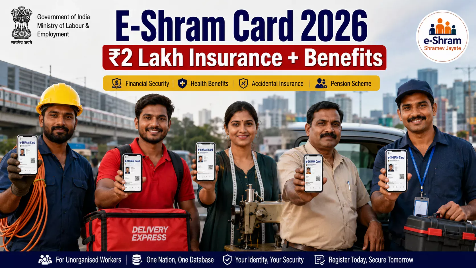 Indian workers using E-Shram Card for government benefits and insurance