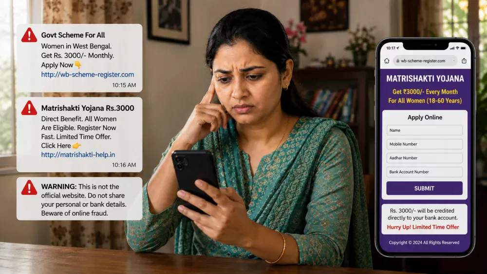 Woman checking fake Matrishakti Bharosa Card registration scam messages