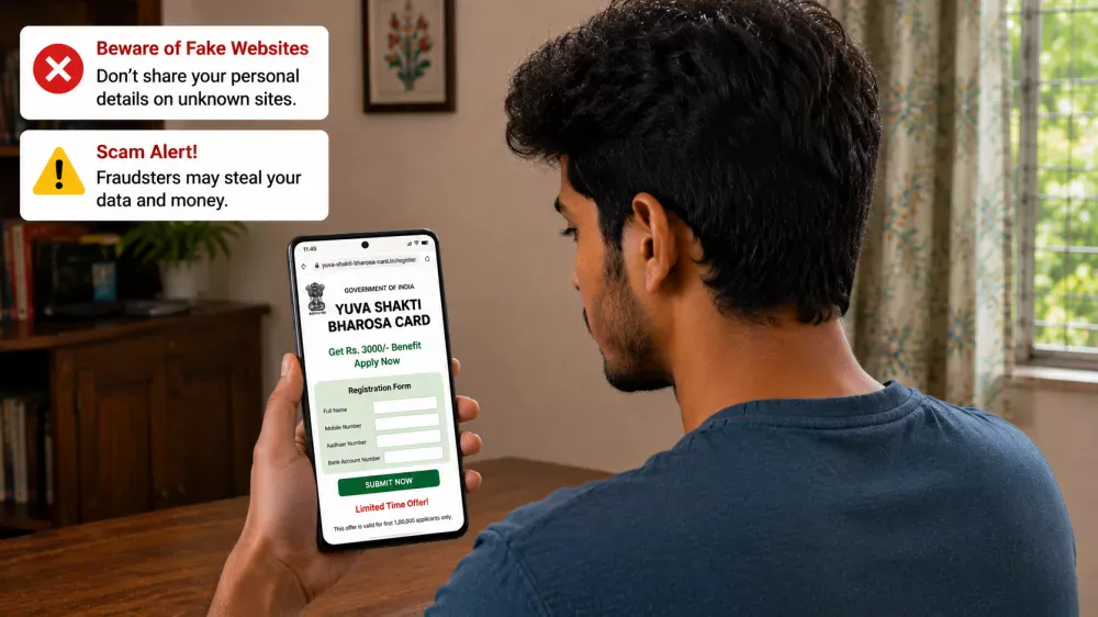 Young man checking fake Yuva Shakti Bharosa Card registration scam messages