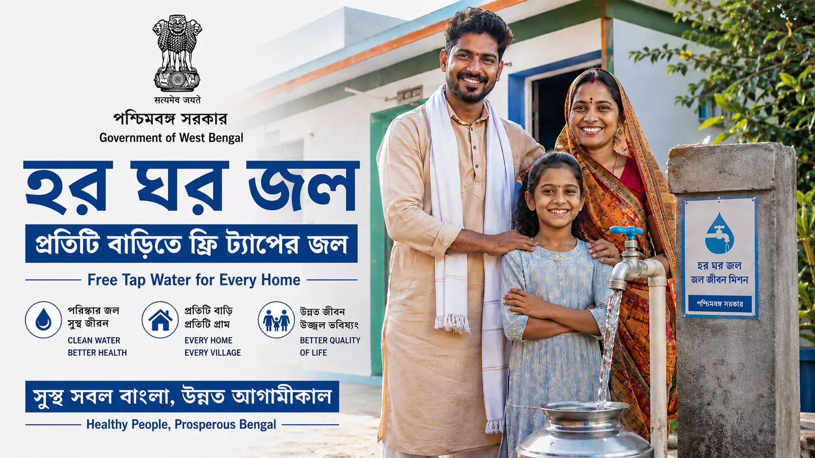 Family using a new household tap water connection under Jal Jeevan Mission