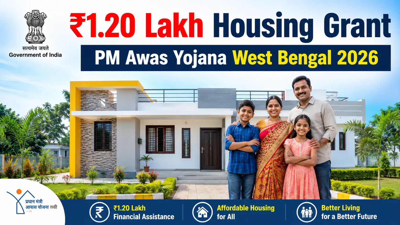 Family standing outside newly constructed home under PM Awas Yojana