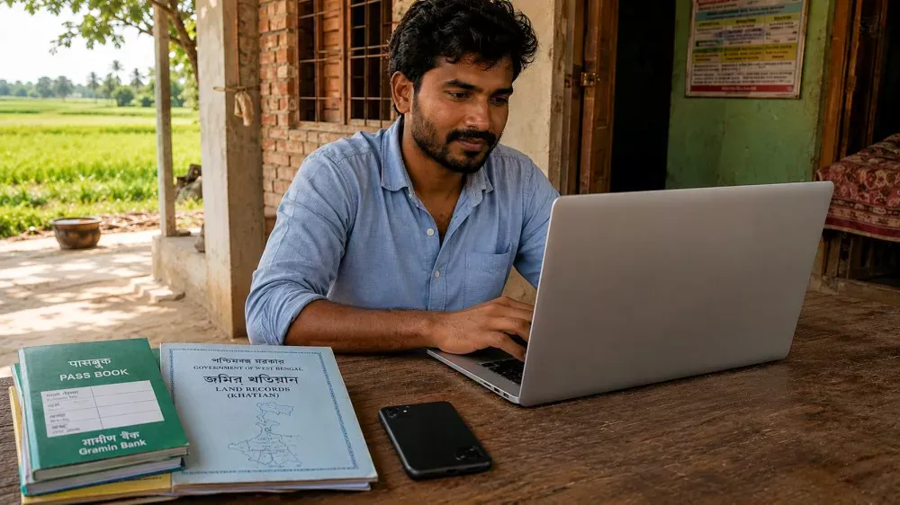Farmer registering online for PM Fasal Bima Yojana in West Bengal