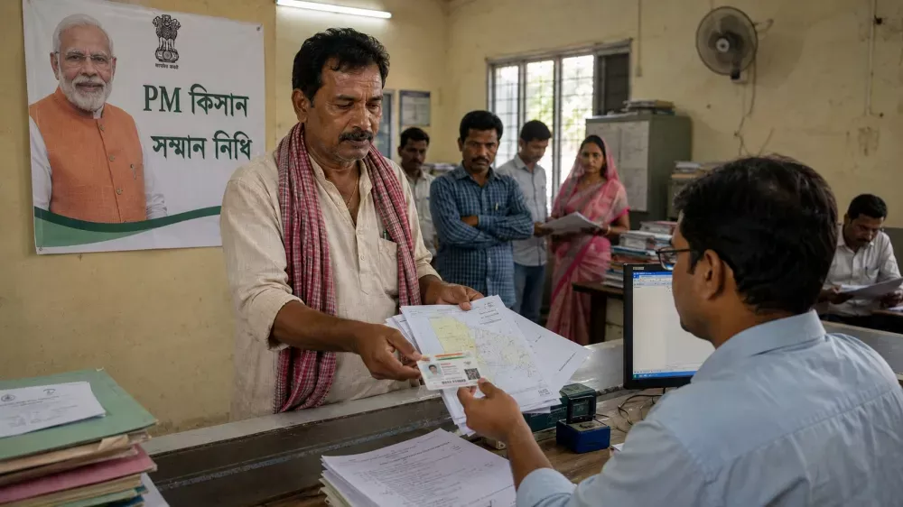 Farmer submitting land documents for PM Kisan verification in West Bengal