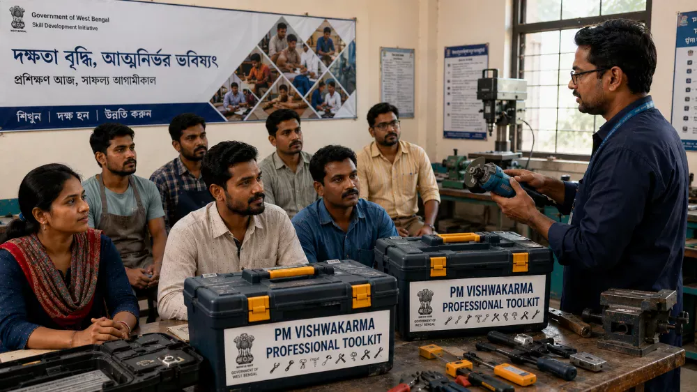 Artisans attending PM Vishwakarma training and receiving toolkit support