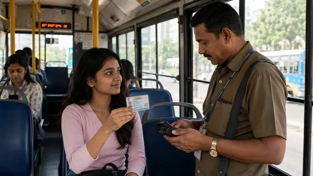 Woman showing Aadhaar card to access free bus travel benefit