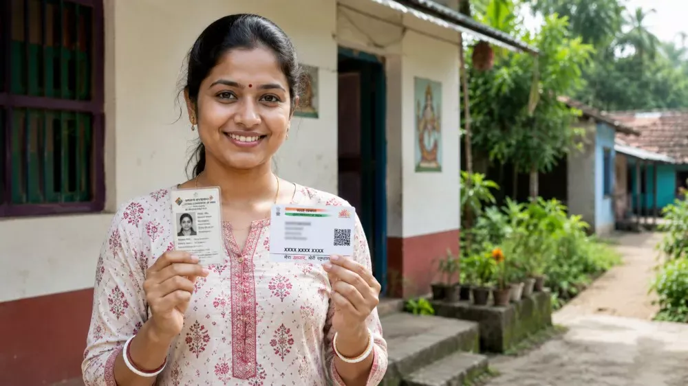 Woman verifying voter ID and Aadhaar for Annapurna Bhandar eligibility