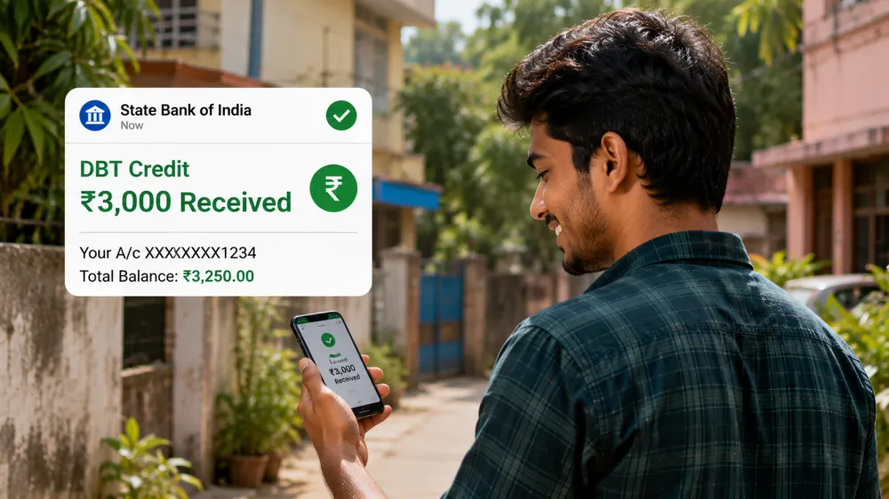 Young beneficiary checking successful DBT payment notification for Yuva Shakti assistance